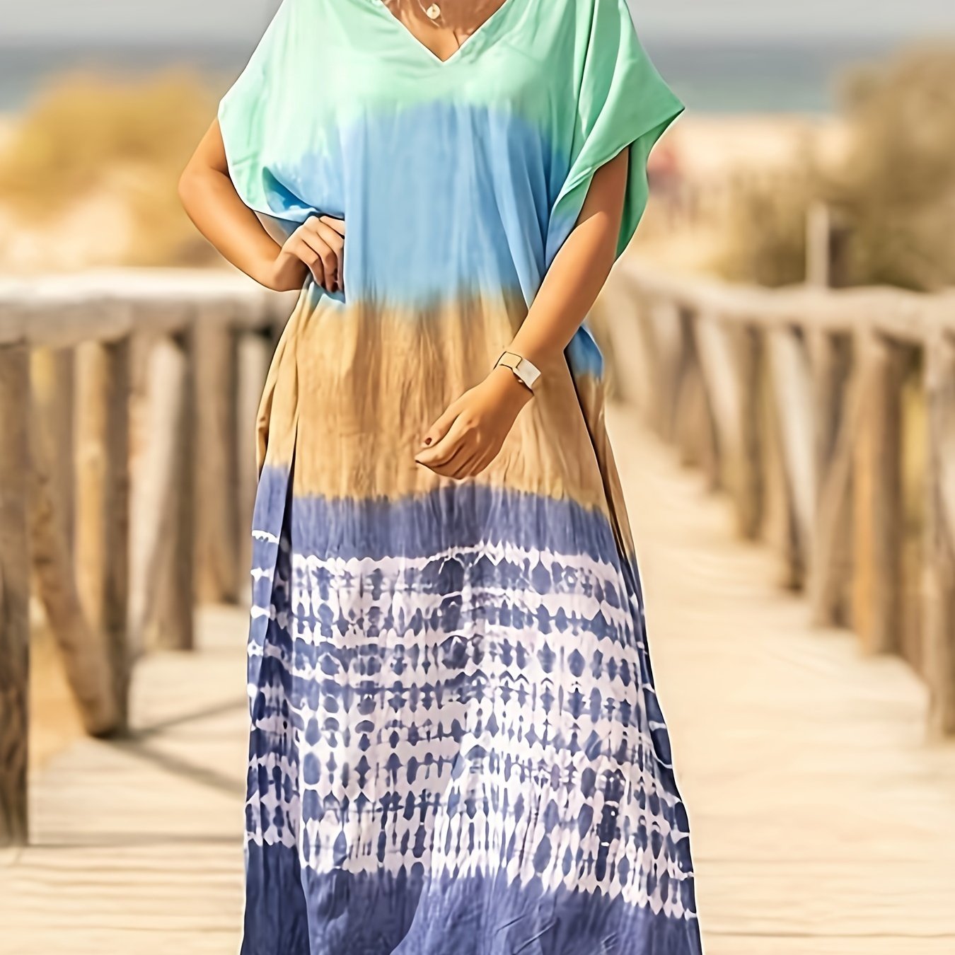 Women Green Tie Dye Kaftan Dress | Beach Cover Up Short Sleeve Caftan Maxi Dress With Patchwork Pattern, V-Neck, Long Length, Split Detail, Suitable For Spring/Summer/Fall