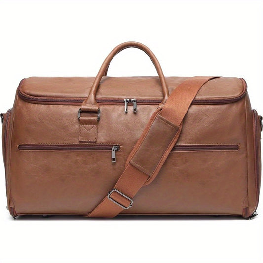 2-in-1 Convertible Carry On Leather Garment Bag for Men & Women - High Quality Travel Duffel & Hanging Organizer with 13 Compartments, Anti-Theft Pockets, Adjustable Strap