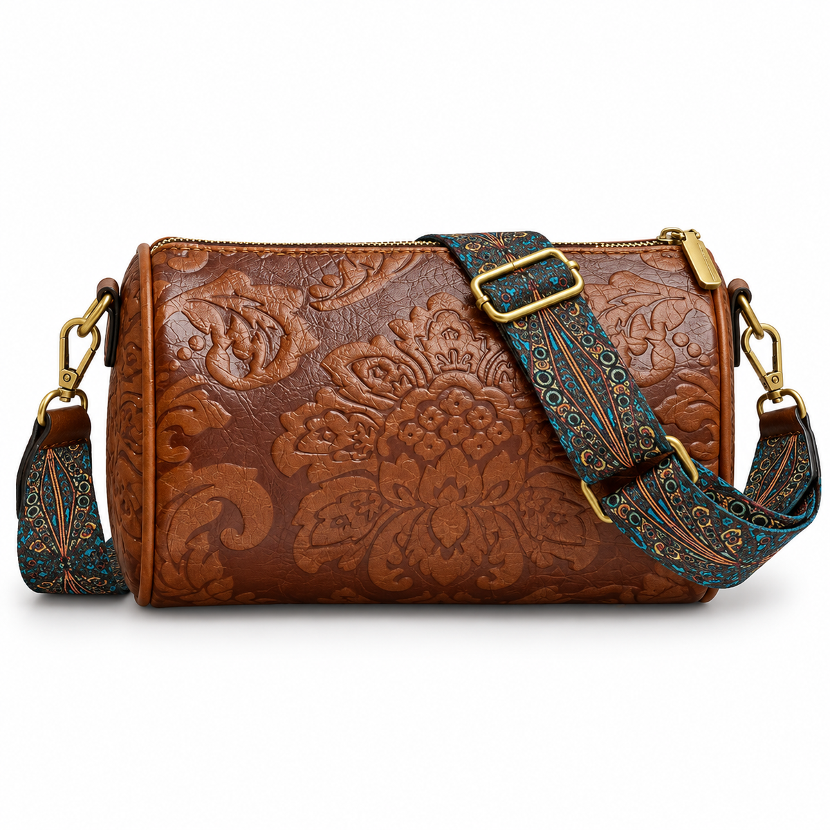 Brown Floral Embossed Barrel Vintage Crossbody Bag