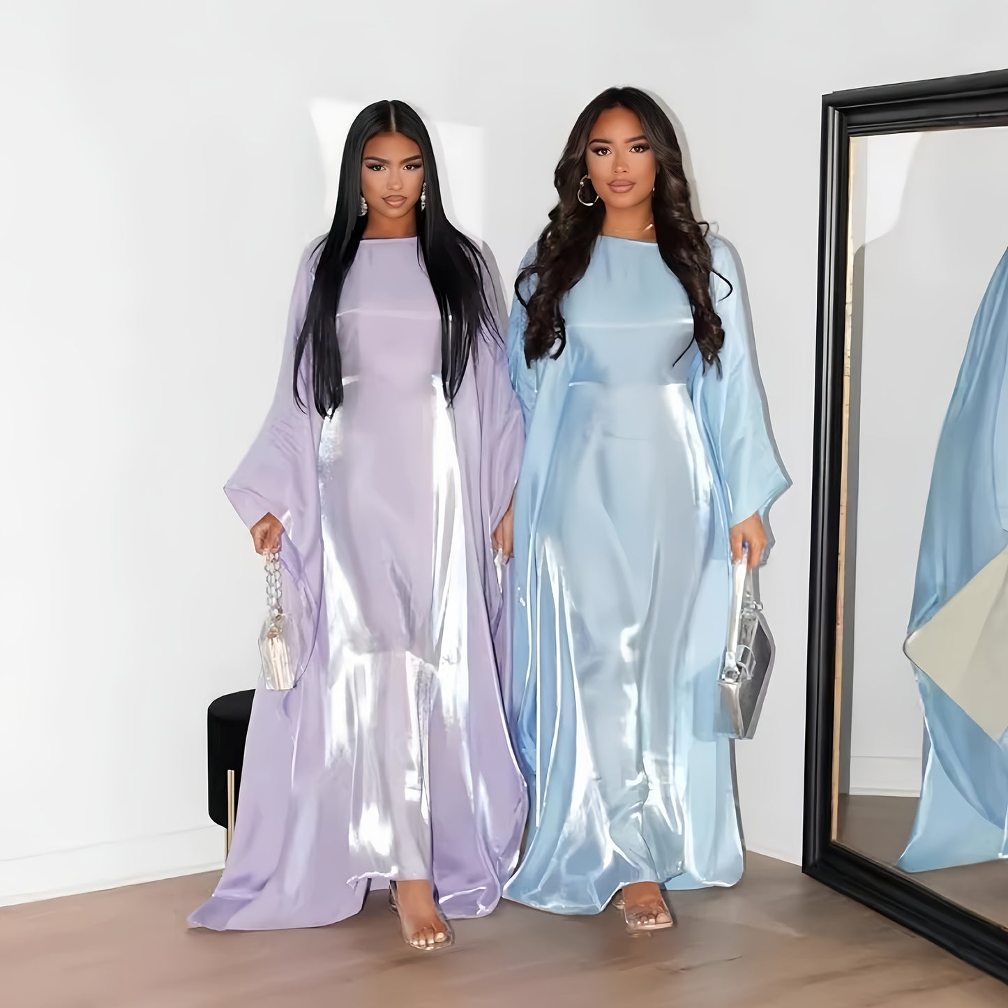 Women's Elegant Satin-Like Abaya Robe - Loose Fit Long Sleeve Breathable Muslim Dress with Middle Eastern-Inspired Design, Non-Stretch Fabric & Luxury Accessory Inclusion for Parties