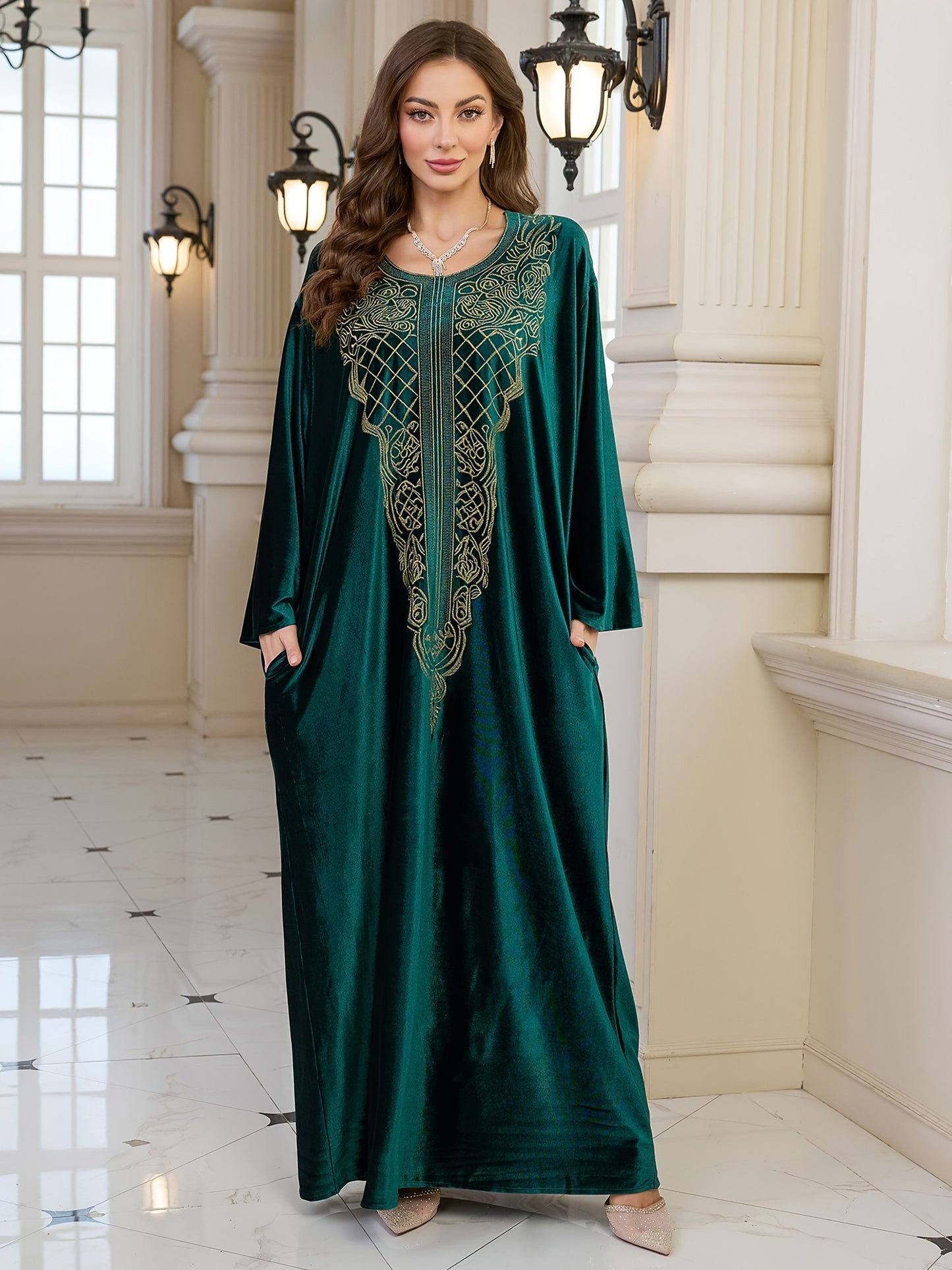 EDOLYNSA round neck embroidery long elegant dark green long sleeve side pocket ethnic dress Turkish robe Middle Eastern fashion casual vacation large size Kaftan blouse