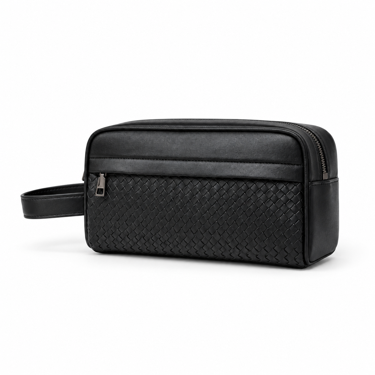 Black Woven Leather Toiletry Bag with Wrist Strap