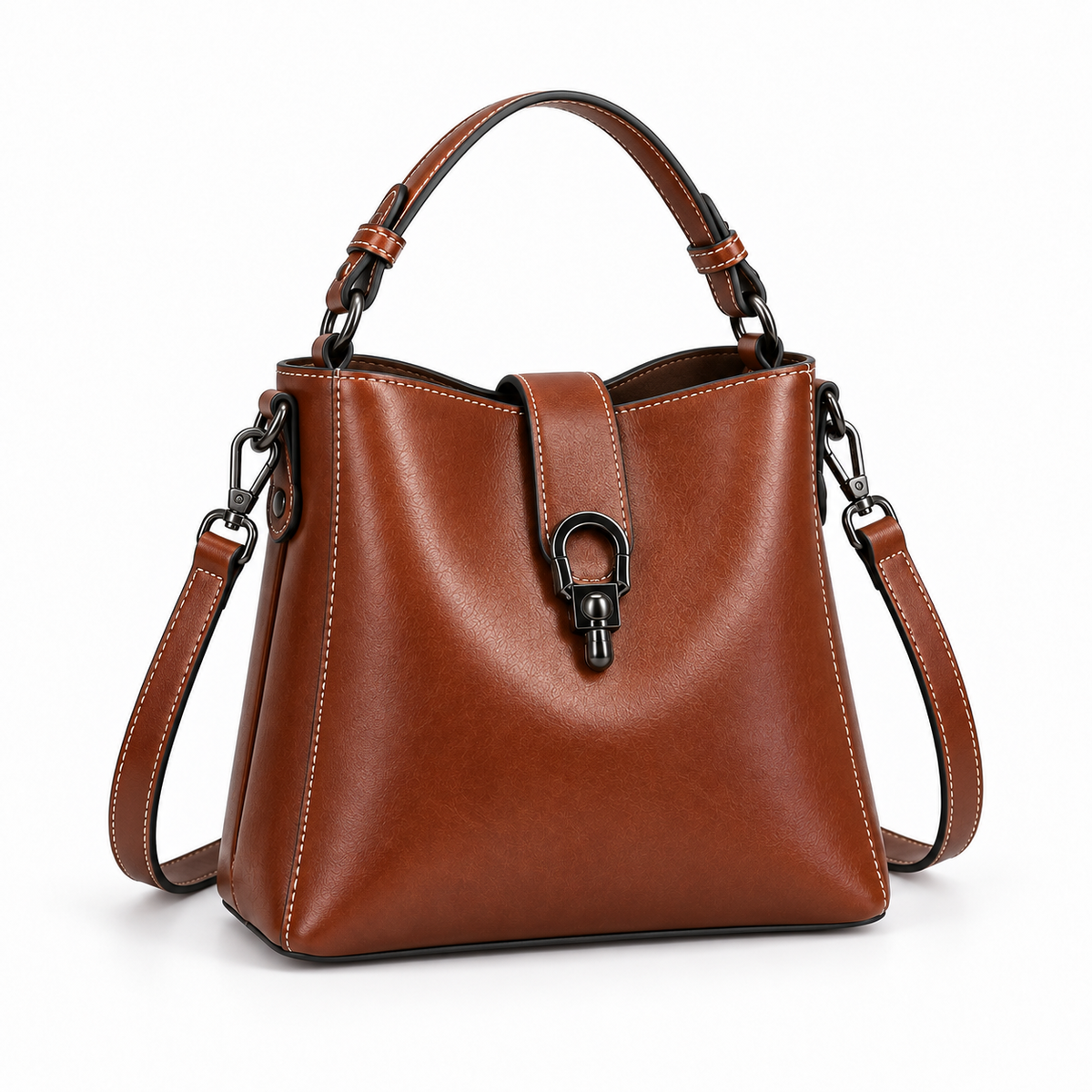 Coffee Brown Structured Leather Shoulder Handbag