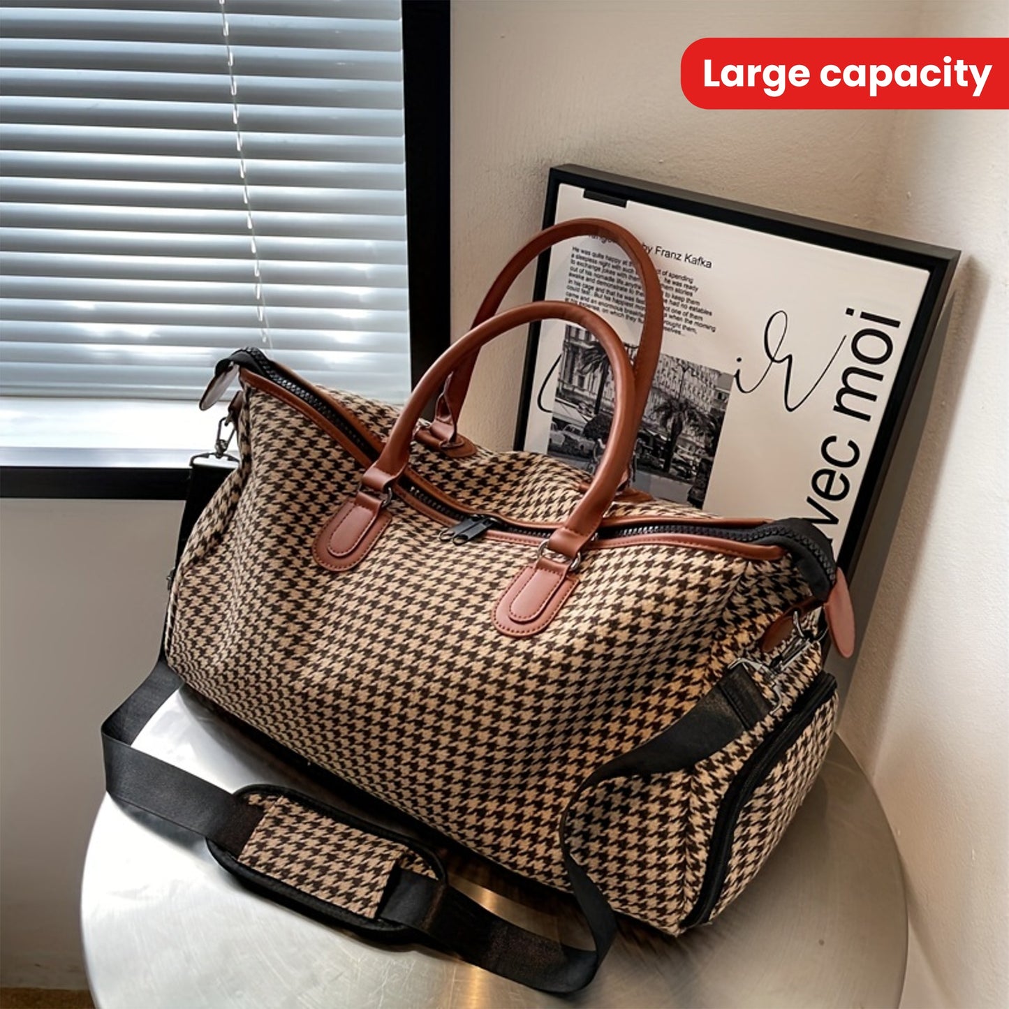 Large Capacity Houndstooth Pattern Sports Bag, Versatile Travel Duffel Luggage Handbag, Trendy Overnight Bag