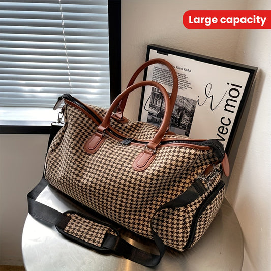 Large Capacity Houndstooth Pattern Sports Bag, Versatile Travel Duffel Luggage Handbag, Trendy Overnight Bag