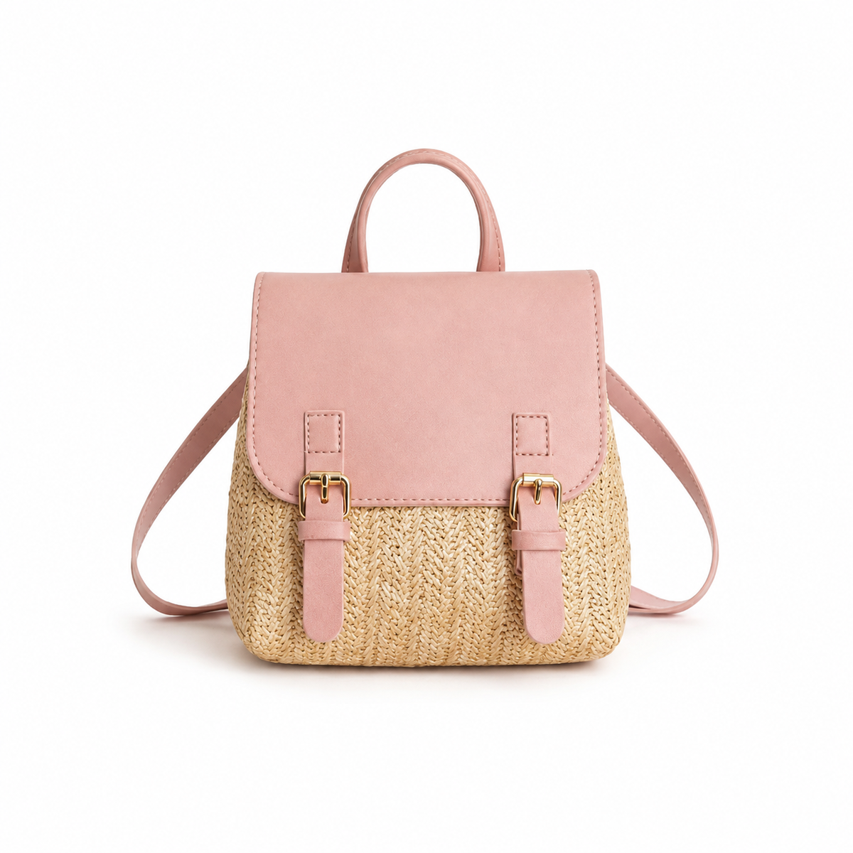 Blush Pink Straw Woven Mini Backpack Handbag