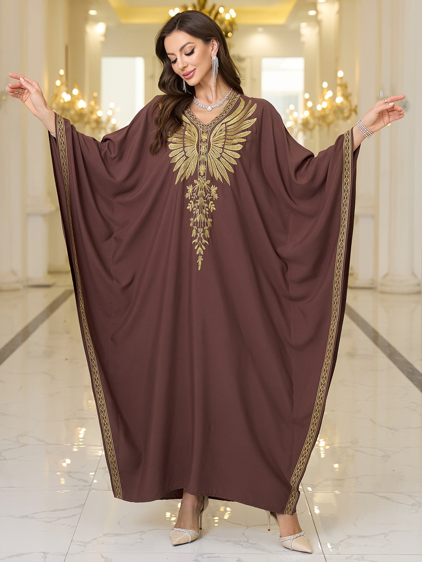 Women's Plus-Size Maxi Dress - Elegant Brown & Golden robe-like gown with Long Batwing Abaya Sleeves, Non-See-Through Formal/Beach/Evening Dress for Women