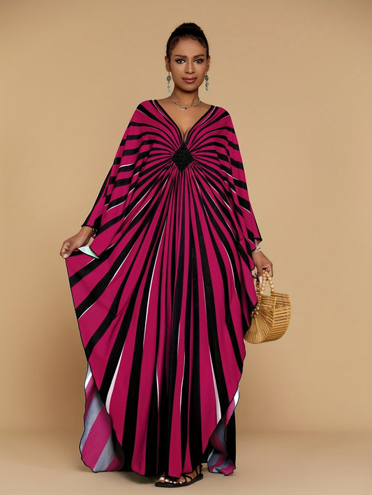 Plus Size - Bohemian Stripe Print Kaftan Dress for Women - V-Neck, Half Sleeve, Long Length, Lightweight Polyester, Perfect for Beach Coverup & Casual Vacation, Plus Size, Spring/Summer/Fall Wear, Beach Dress