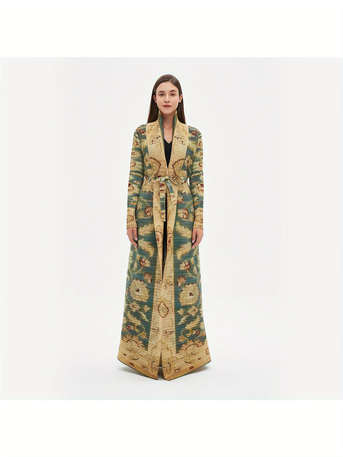 Women's Plus-Size Long Robe - Vintage Geometric Print High Elasticity Robe Abaya with Adjustable Waist Tie Belt, Loose Fit Casual & Festive Wear, Machine Washable All-Season Traditional Robe