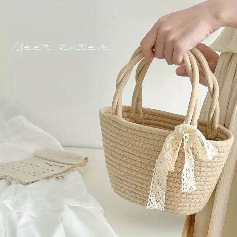 Handbag Women's Straw Basket Handmade Bag Holiday Picnic Spring Trip Photo Beach Bag Single Shoulder Woven Small Bag Elegant Lady
