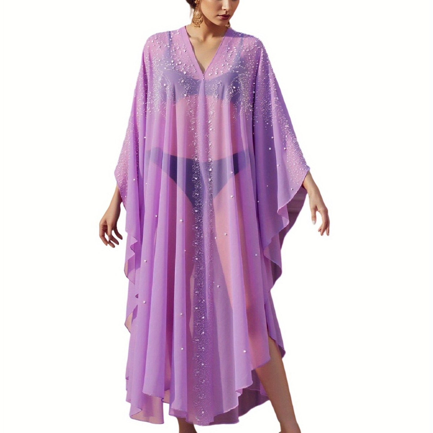 Women's Autumn Long Kaftan Dress Long Bat Sleeve Hooded Rhinestone Cape Abaya Arab Dress