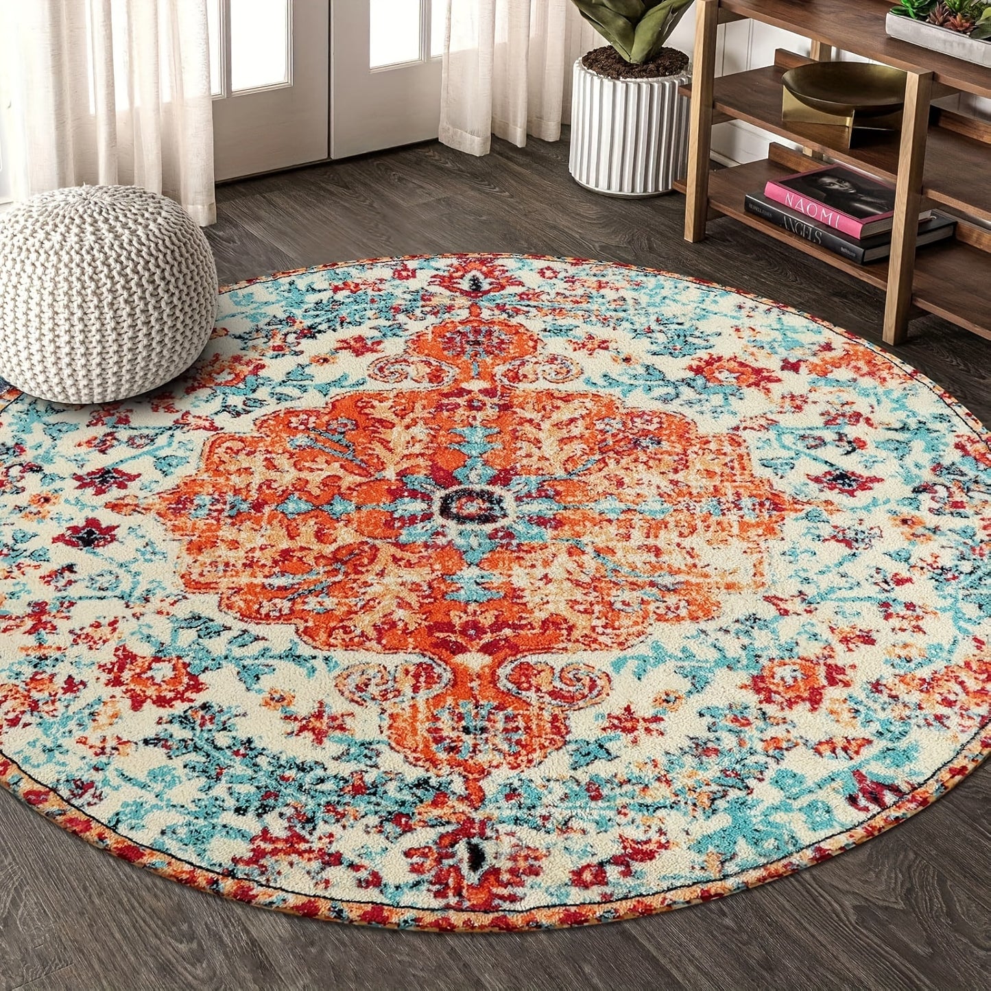 Bohemian Floral Medallion Area Rug - Oriental Distressed Bedroom Carpet Country Vintage Faux Wool Indoor Throw Mat Non-Slip Washable Low-Pile Carpet For Bathroom Living Kitchen Laundry Room