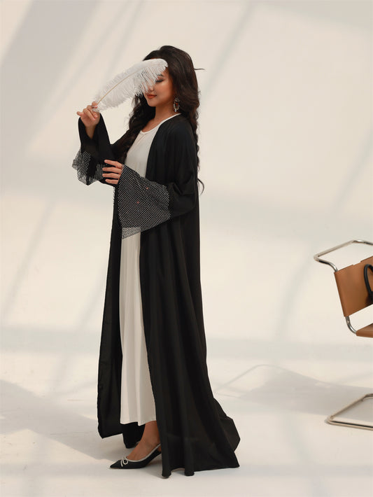 Elegant Middle Eastern Turkish Abaya Kaftan with Rhinestone Sleeves - Black & White Two-Tone Loose Fit Long Robe, Floor-Length Modest Islamic Dress for Women, Hand Wash/Dry Clean