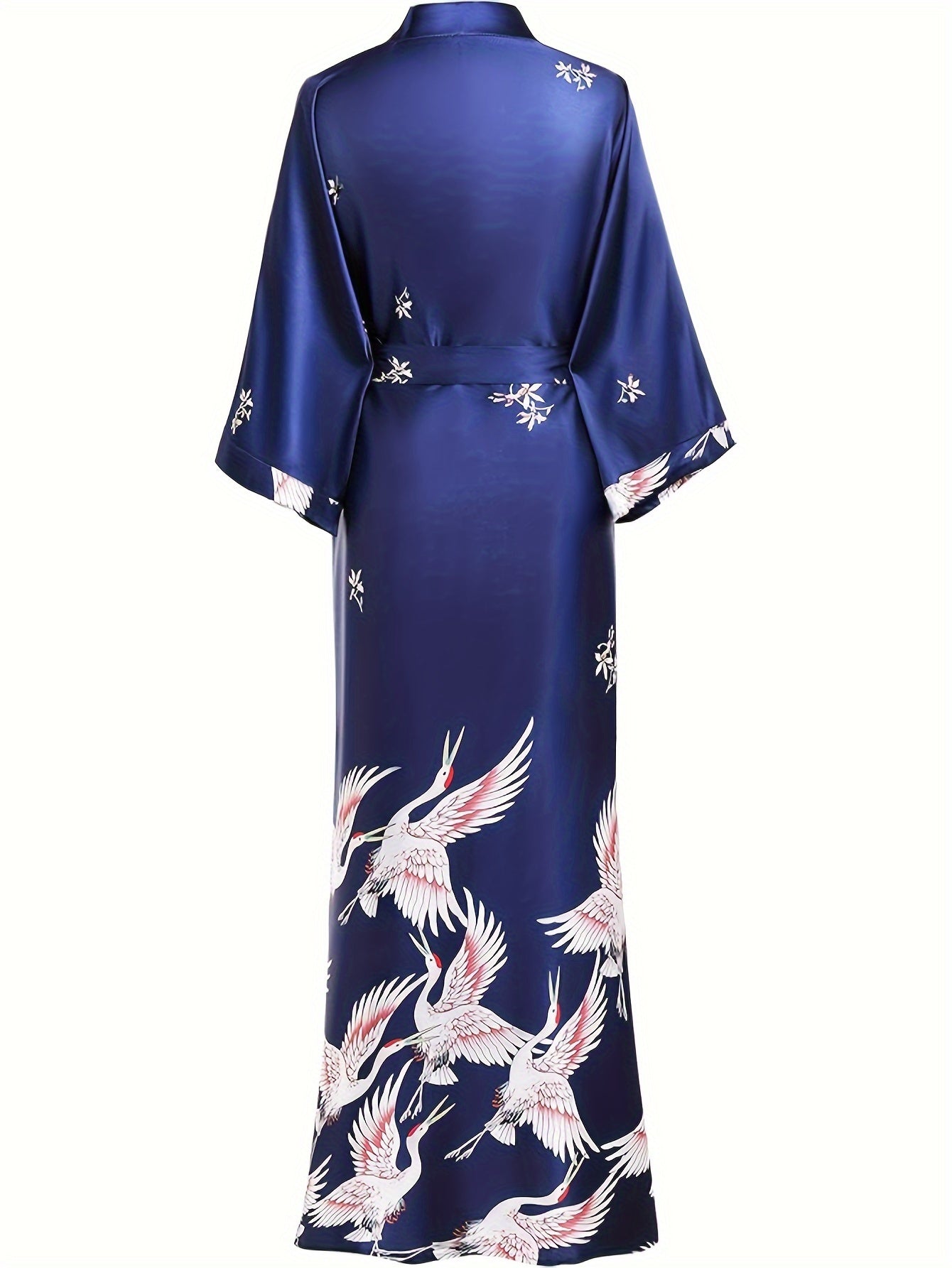 Long Kimono Robe Satin Sleepwear Blouse Bathrobe Nightgown Floral Crane Kimono Cardigan Robe