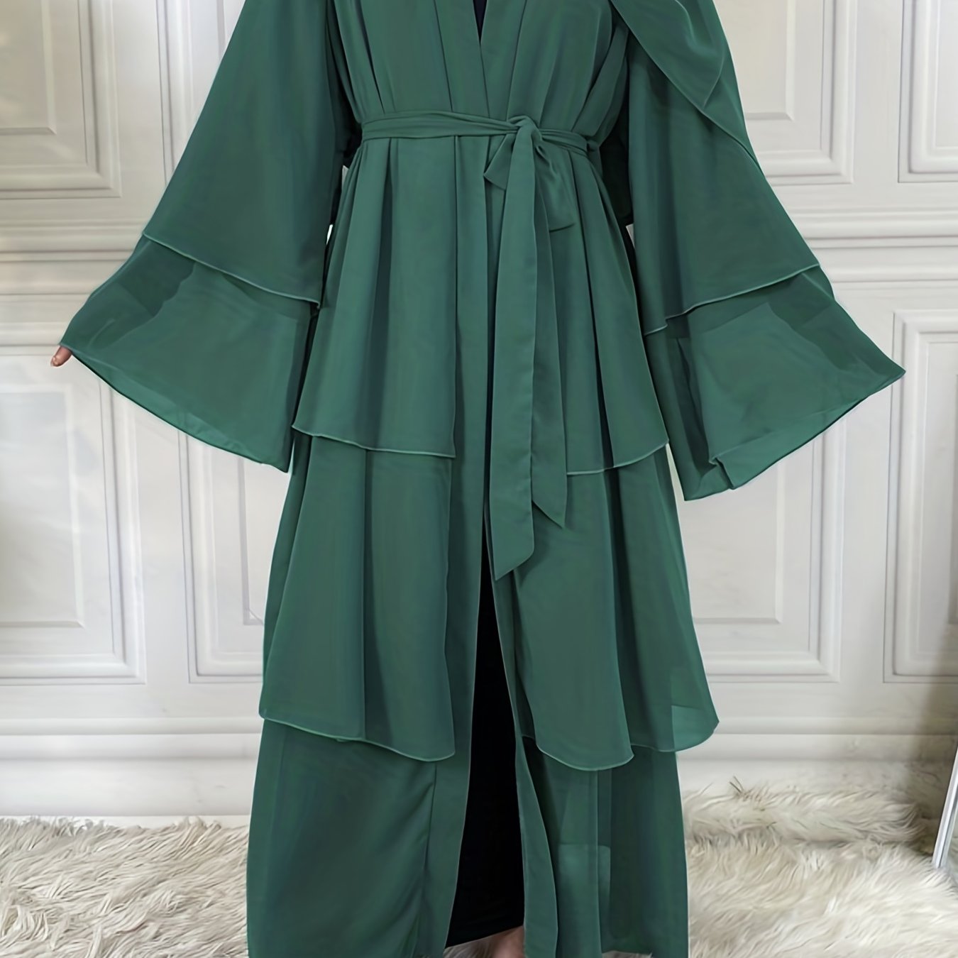 Ramadan Layered Open Front Modest Pakistani Abaya, Long Sleeve Muslim Dress With Belted, Without Hijab, Women's Clothing