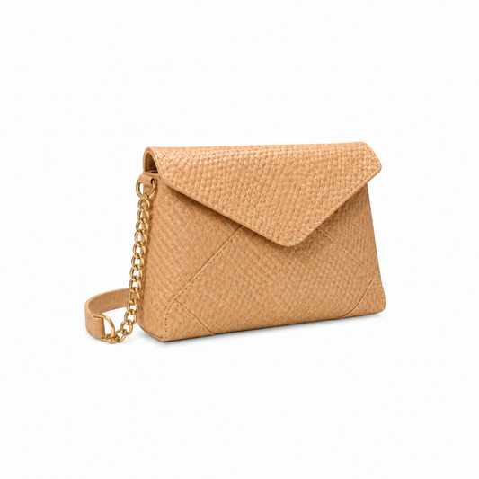 Beige Woven Gold Chain Crossbody Bag