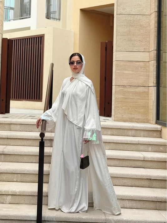 2pcs Set, Dubai Fashion Rhinestone Embellished Muslim Emirati Abaya/Jilbab with Long Sleeve Round Neck Dress and Headscarf, 100% Polyester, Solid Color, All-Season, Long Length, No Belt