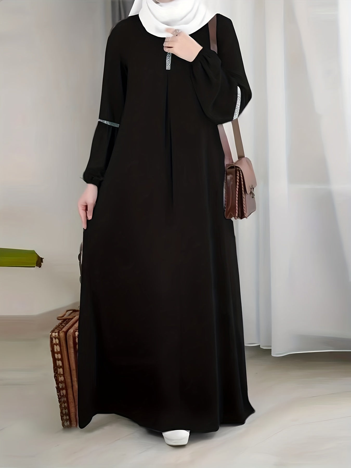 [Elegant Abaya] Elegant Arabic Abaya Burkha | 2023 New Women's Long Sleeve Modest Cover Dress, Solid Green, Sequin Sleeves, Machine Washable, No Stretch Fabric