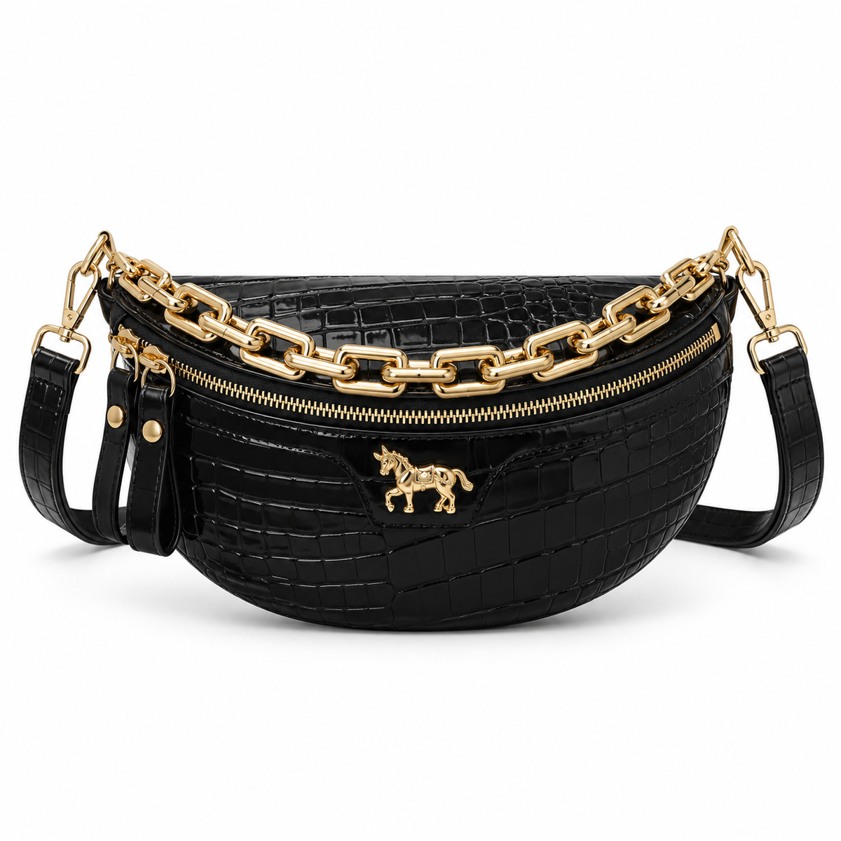 Black Crocodile Embossed Gold Chain Waistbag