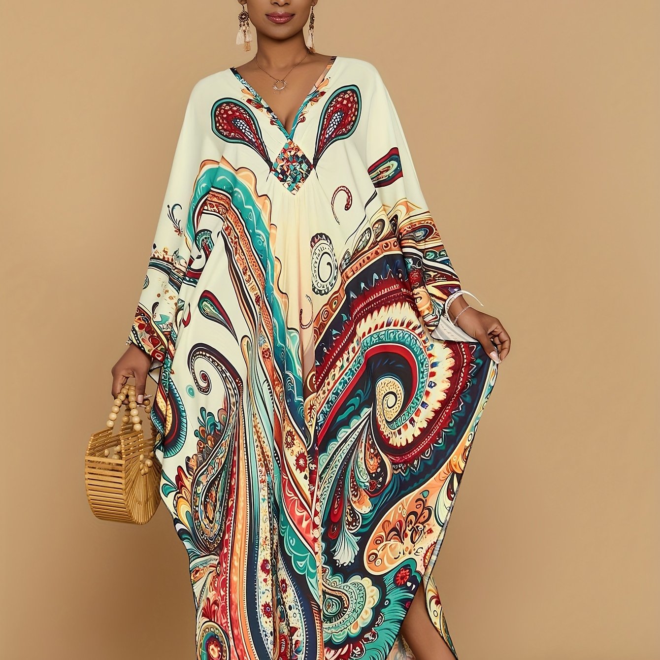 Vibrant Bohemian Kaftan Dress - Four-Sided Elastic V-Neck, Bat Sleeves, Beach Cover-Up
