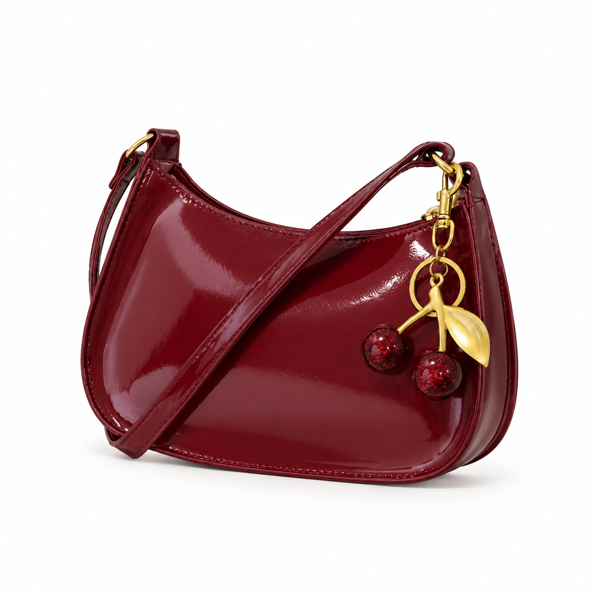 Glossy Burgundy Cherry Charm Shoulder Bag