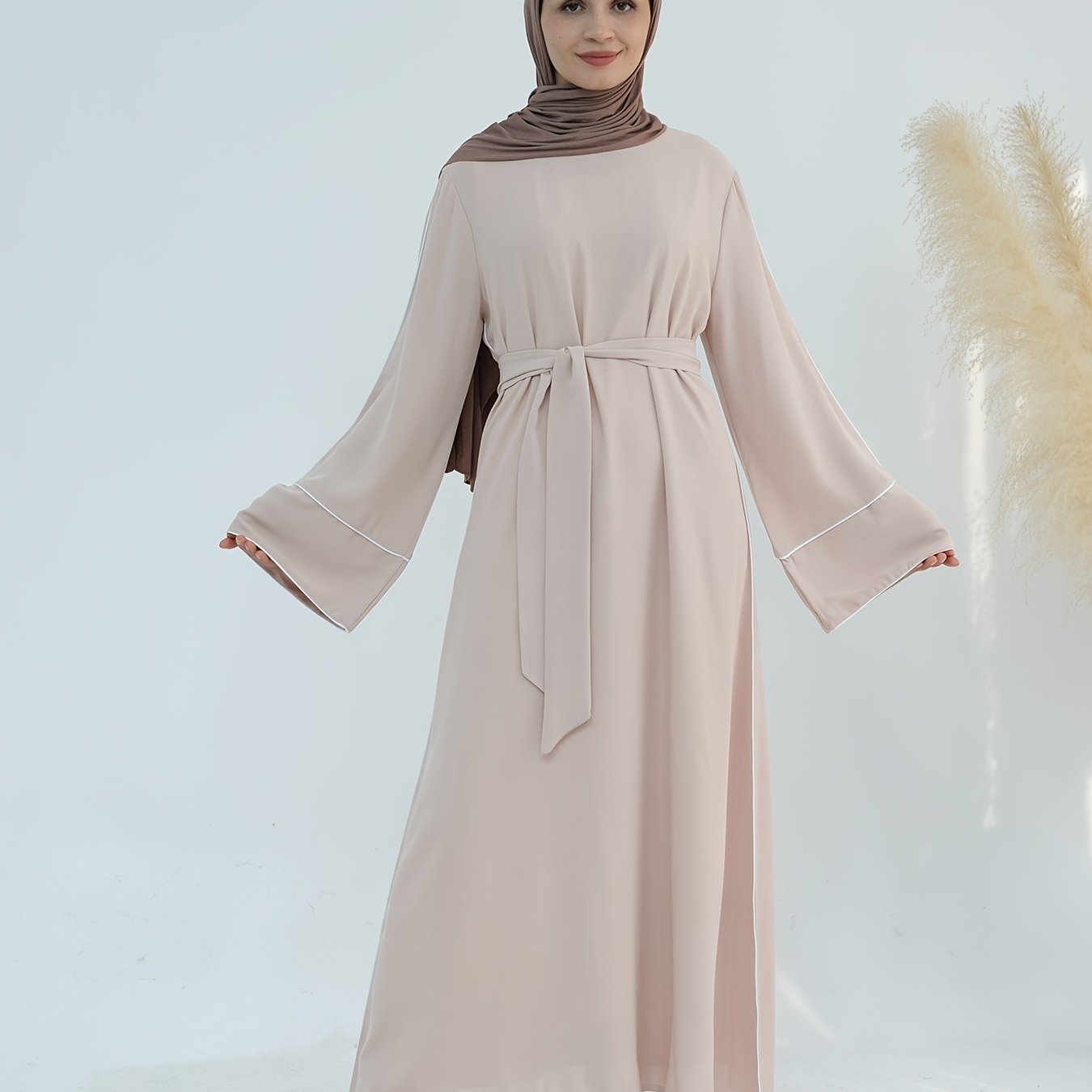 Women's Stylish Solid Color Dubai Turkish Abaya with Lace-Up Waist - Long Robe with Belt, Sleeveless, Polyester, All-Season Wear, Casual Attire|Elegant Attire|Polyester Fabric