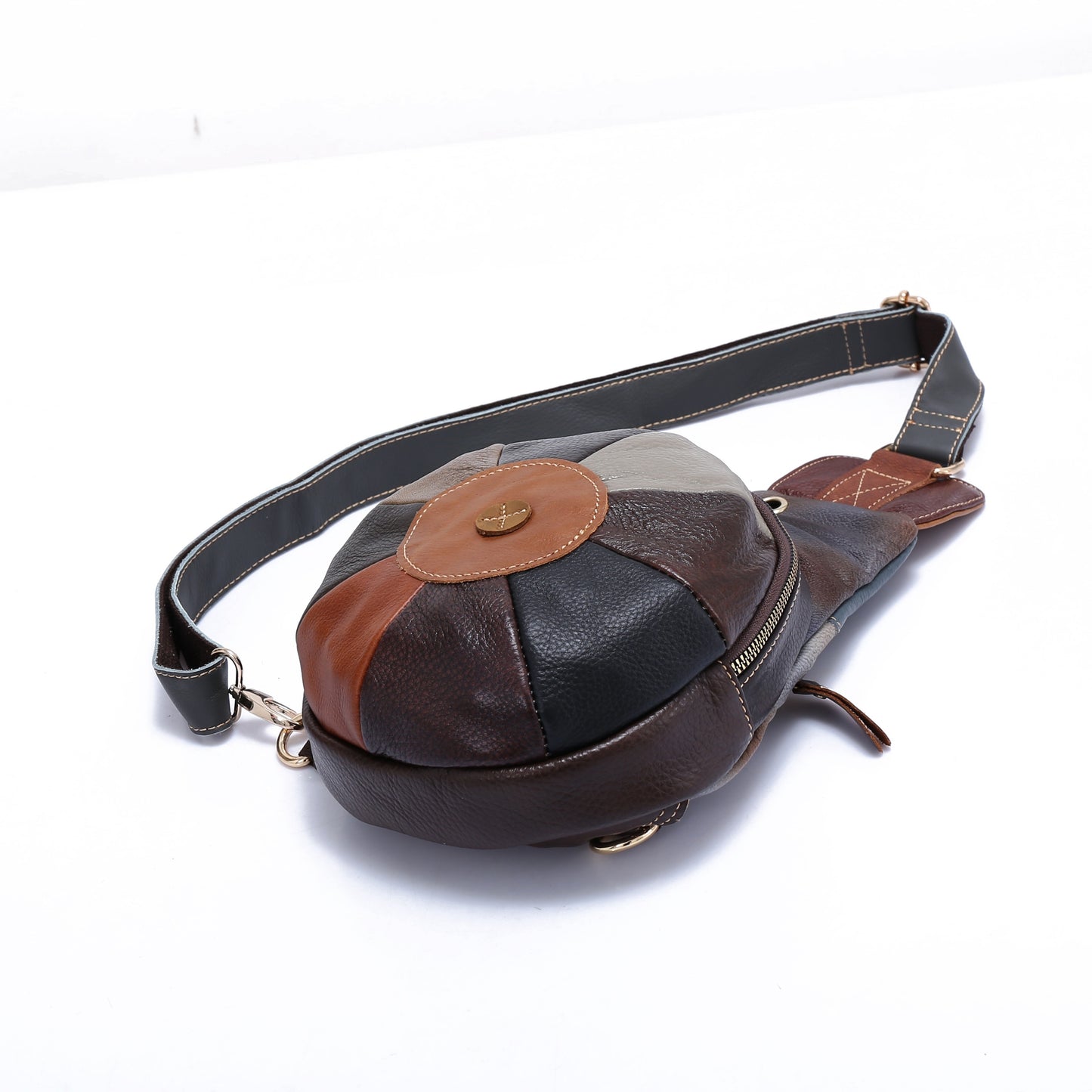 Leather Women's Sling Bag - Trendy Stitching Design, Outdoor Headphone Jack & Shoulder Strap - For Women - Suitable for Casual & Outdoor Activities