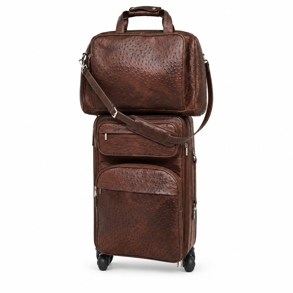 Coffee Brown Textured Trolley Luggage Set
