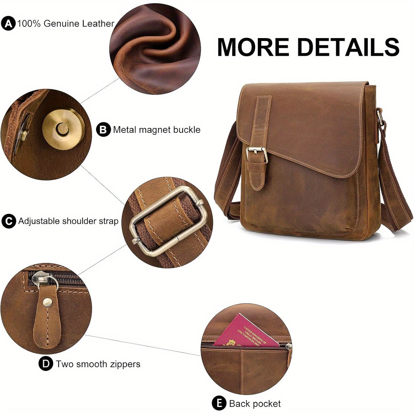 Vintage Leather Messenger Bag for Men & Women - Adjustable Crossbody Shoulder Bag with Multiple Compartments, Front Flap Closure & Top Handle