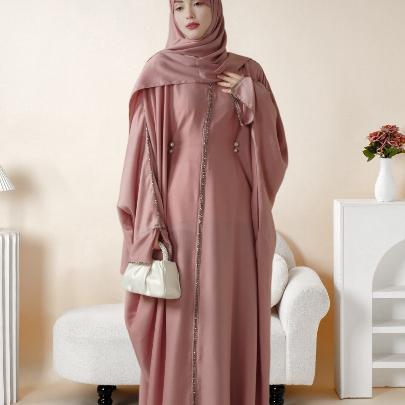 Batwing Emirati Abaya with Matching Hijab | Batwing Sleeve Abaya – Elegant Middle Eastern Arab, Islamic Style Shawl Robe Dress for Women, Long Skirt, Ramadan Prayer Outfit