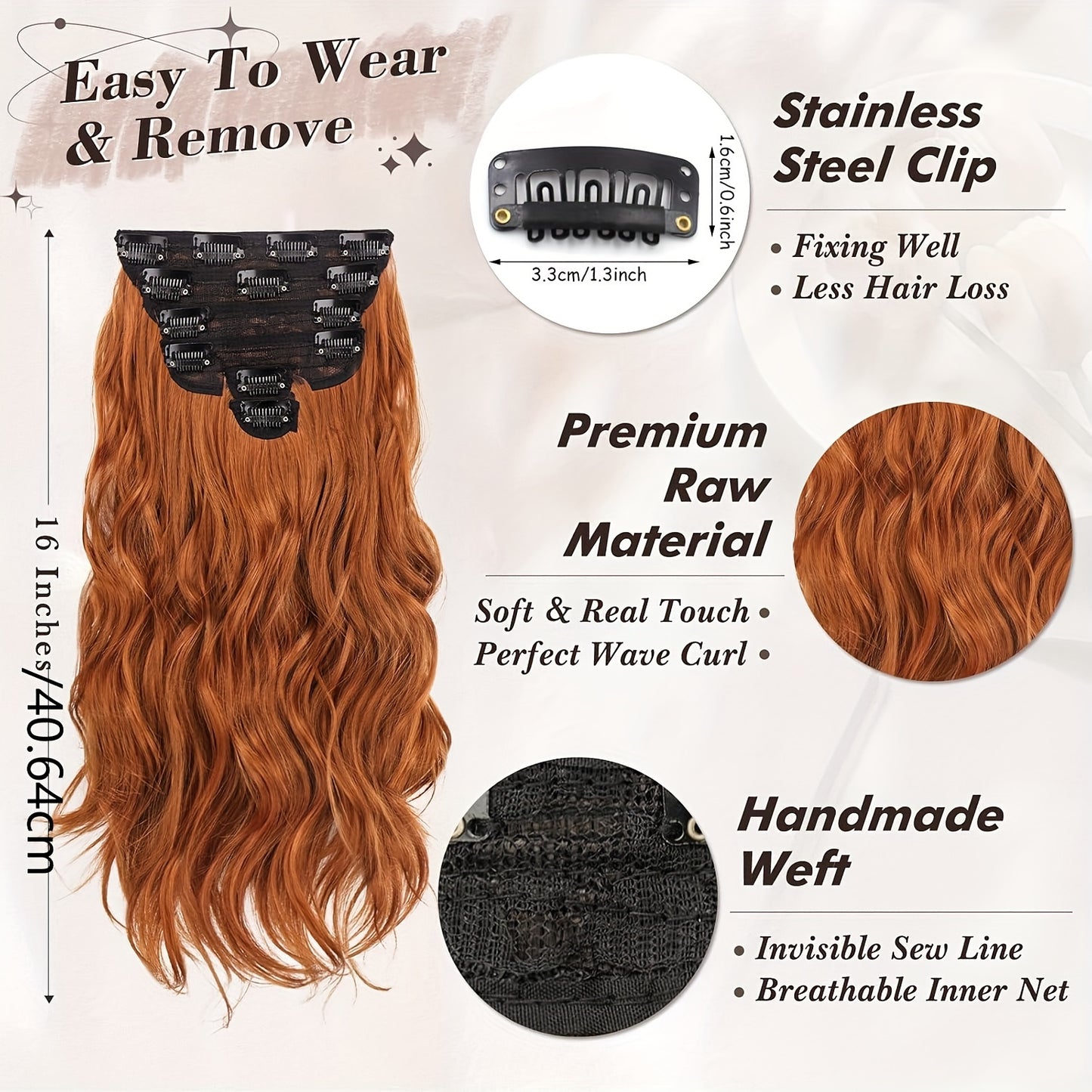 BARSDAR Wavy Clip In Hair Extensions - 16 Inch Copper Clip In Hair Extensions For Women - 6pcs Full Head Thick Soft Synthetic Clip In Hairpieces Daily Party Halloween