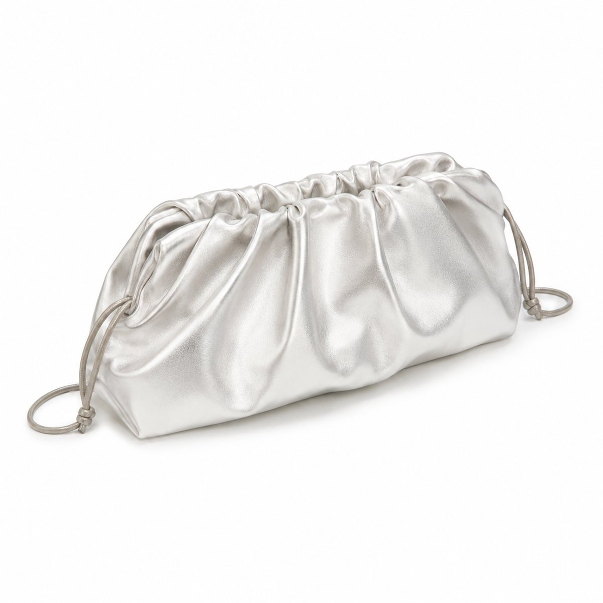 Metallic Silver Ruched Drawstring Clutch Bag