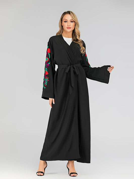 Women's Elegant Islamic Emirati Abaya Robe - Long Sleeve Islamic Dress with Belt, Black with Floral pattern, Lightweight Non-Stretchy Fabric for Everyday & Ramadan