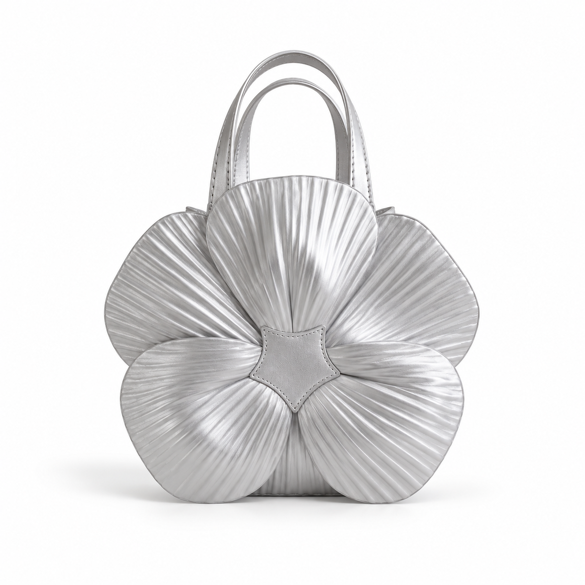 Silver Metallic Flower Sculpted Handle Clutch