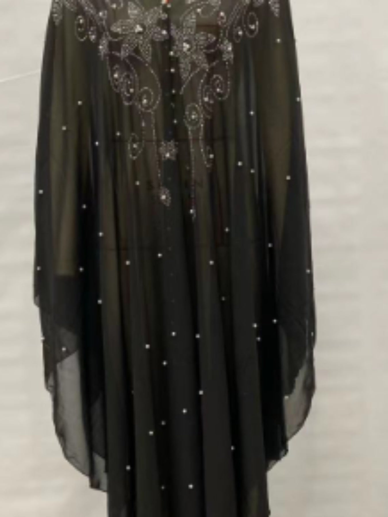 Women's Elegant Long Kaftan Dress with Hooded Rhinestone Cape & Bat Sleeves Abaya - Loose Fit Sheer Beaded Arab-Inspired Gown for All Seasons, Machine Washable