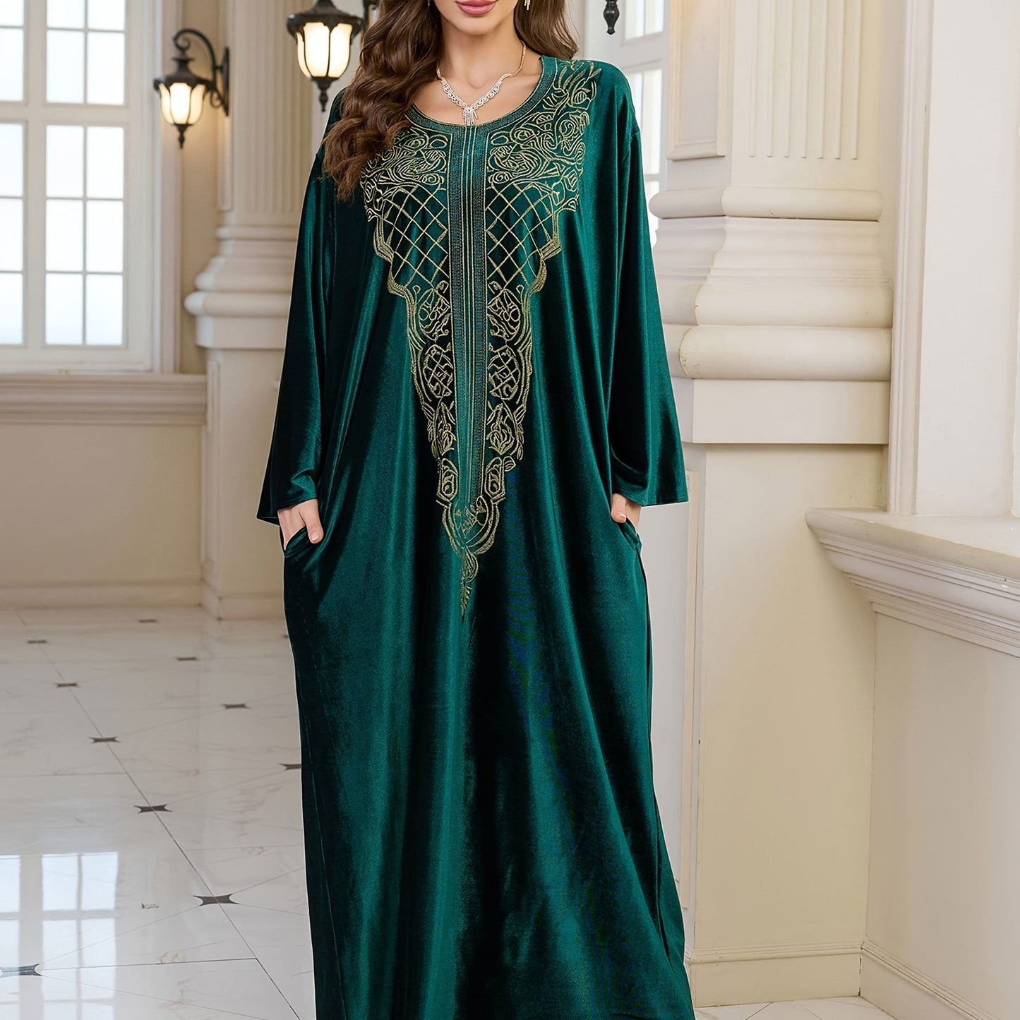 EDOLYNSA round neck embroidery long elegant dark green long sleeve side pocket ethnic dress Turkish robe Middle Eastern fashion casual vacation large size Kaftan blouse