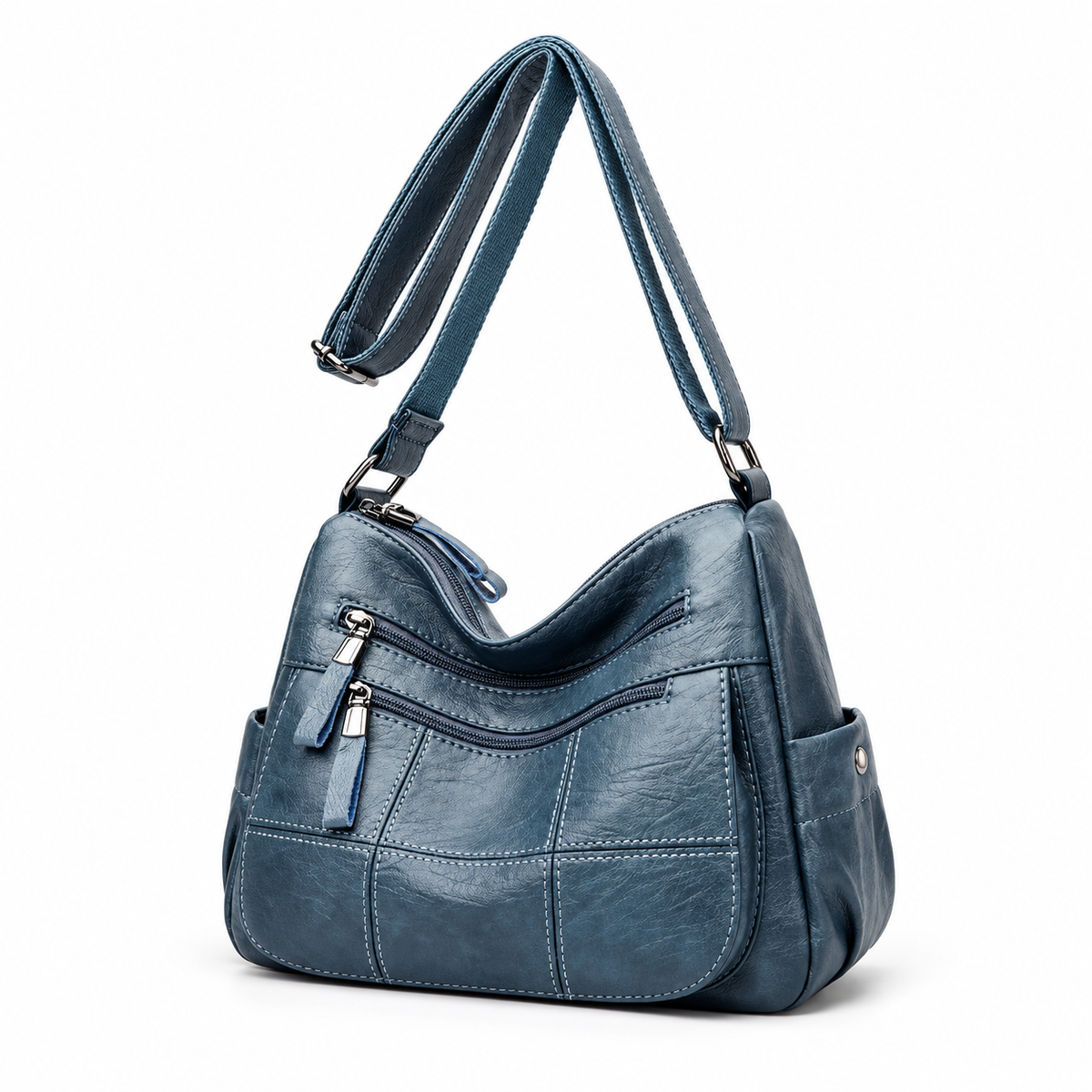 Blue Textured Multi Pocket Crossbody Bag