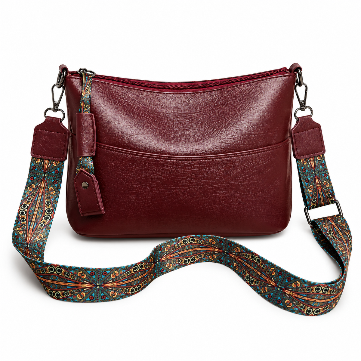 Burgundy Crossbody Bag With Patterned Strap