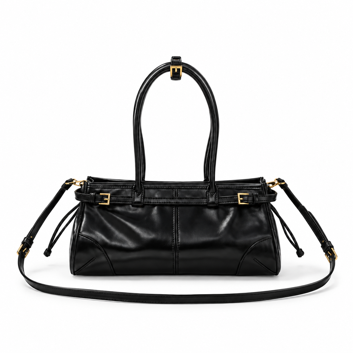 Glossy Black Structured Shoulder Handbag Purse
