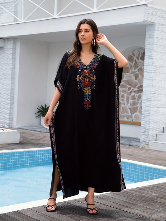 Women's Embroidery Swimsuit Cover Ups Beach Cover Up Kaftan Plus Size V Neck Ethnic Style Batwing Sleeve Kaftan Dress -  For Women - Suitable for Beach, Pool, Vacation - Perfect Gift for Summer