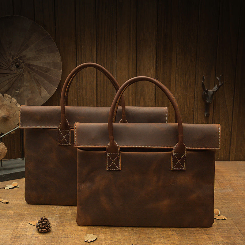Lightweight Men's Genuine Leather Laptop Bag - Minimalist Business Casual Tote with Brown Accents, Durable Polyester Lining