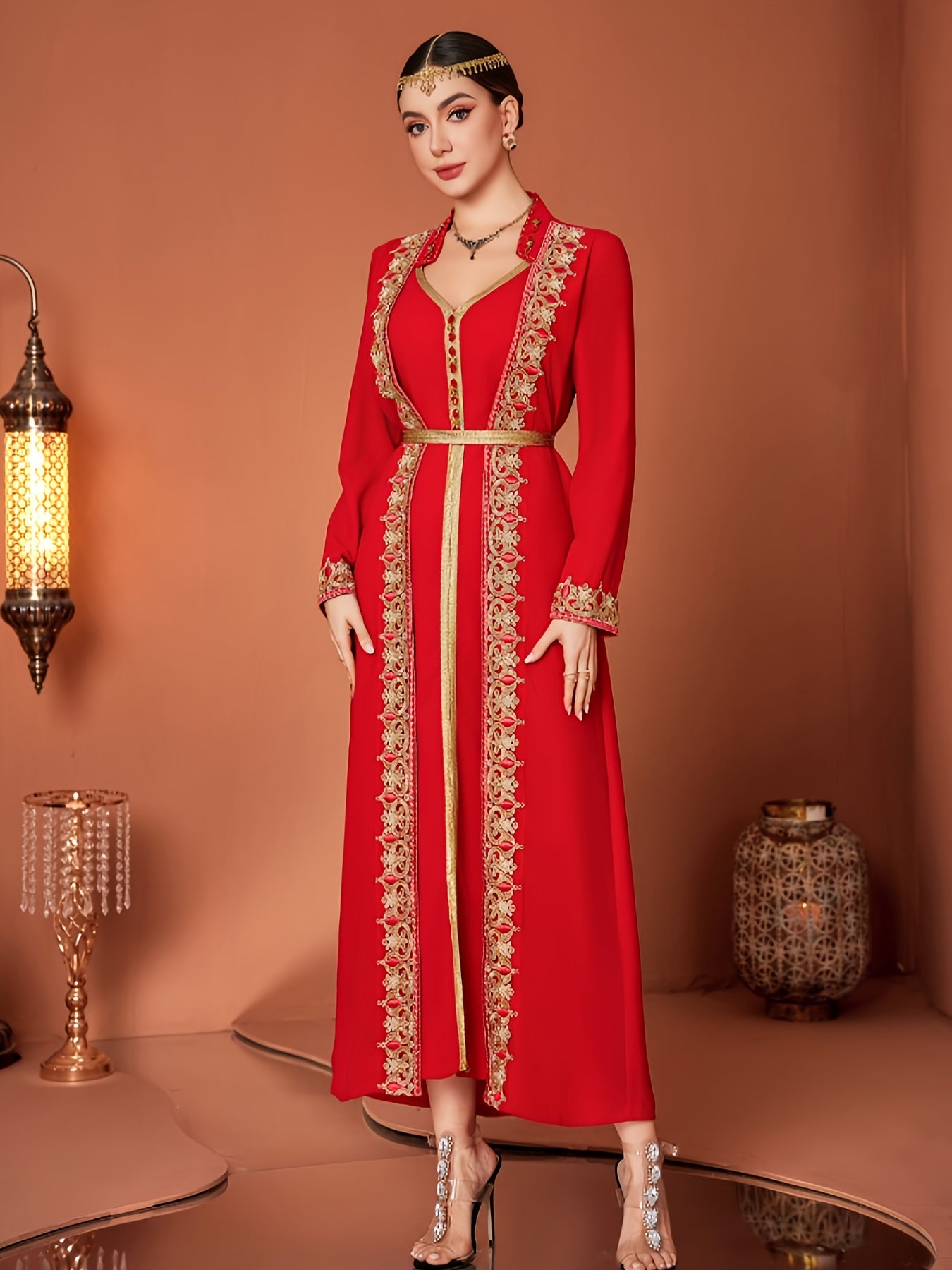 Women's Red Middle Eastern-Inspired Casual Emirati Abaya with Waist & Long Sleeves - 100% Polyester Lightweight Spring/Summer Dress, Elegant Hand Wash Only Solid Color Dress