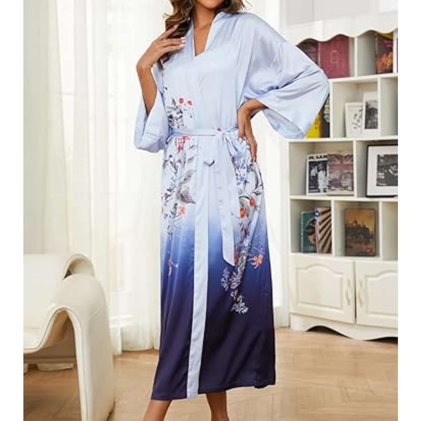 Women's Kimono Robe Long Bathrobe Women's Pajamas Floral Print Wedding Robe Nightgown Satin Bridesmaid Robe