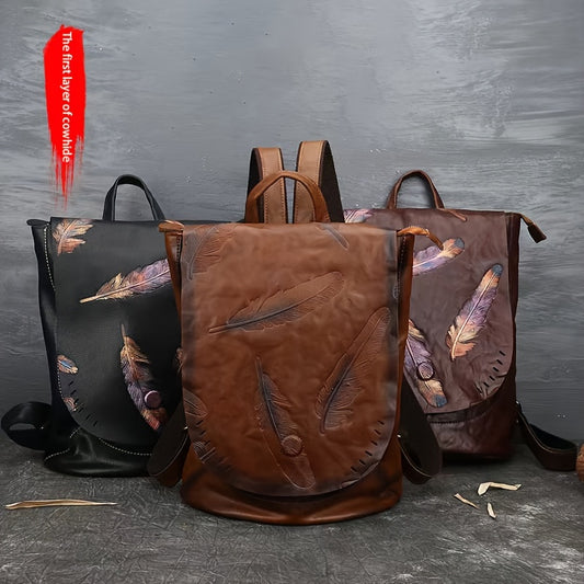 Vintage Animal Print Genuine Leather Bag for Women, Adjustable Straps, Zip Closure, Polyester Lined, Fashion Travel Daypack
