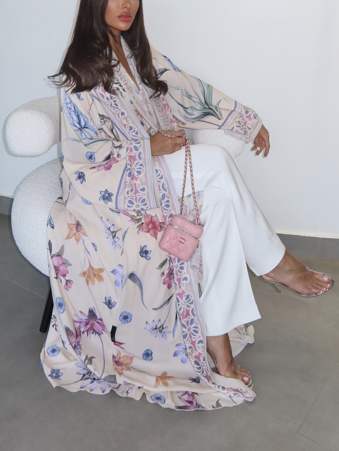 Elegant Open Abaya & Matching Headscarf Set - Floral Print, Long Sleeve, Loose Fit for Women - Ideal for Spring/Summer Outfits, Versatile Long Abaya|Floral Print Abaya|Traditional Abaya