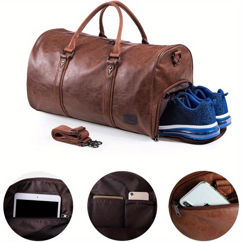 Leather Travel Bag with Shoe Pouch Weekender Overnight Bag Carry On Duffel Bag for Men WomenBrown