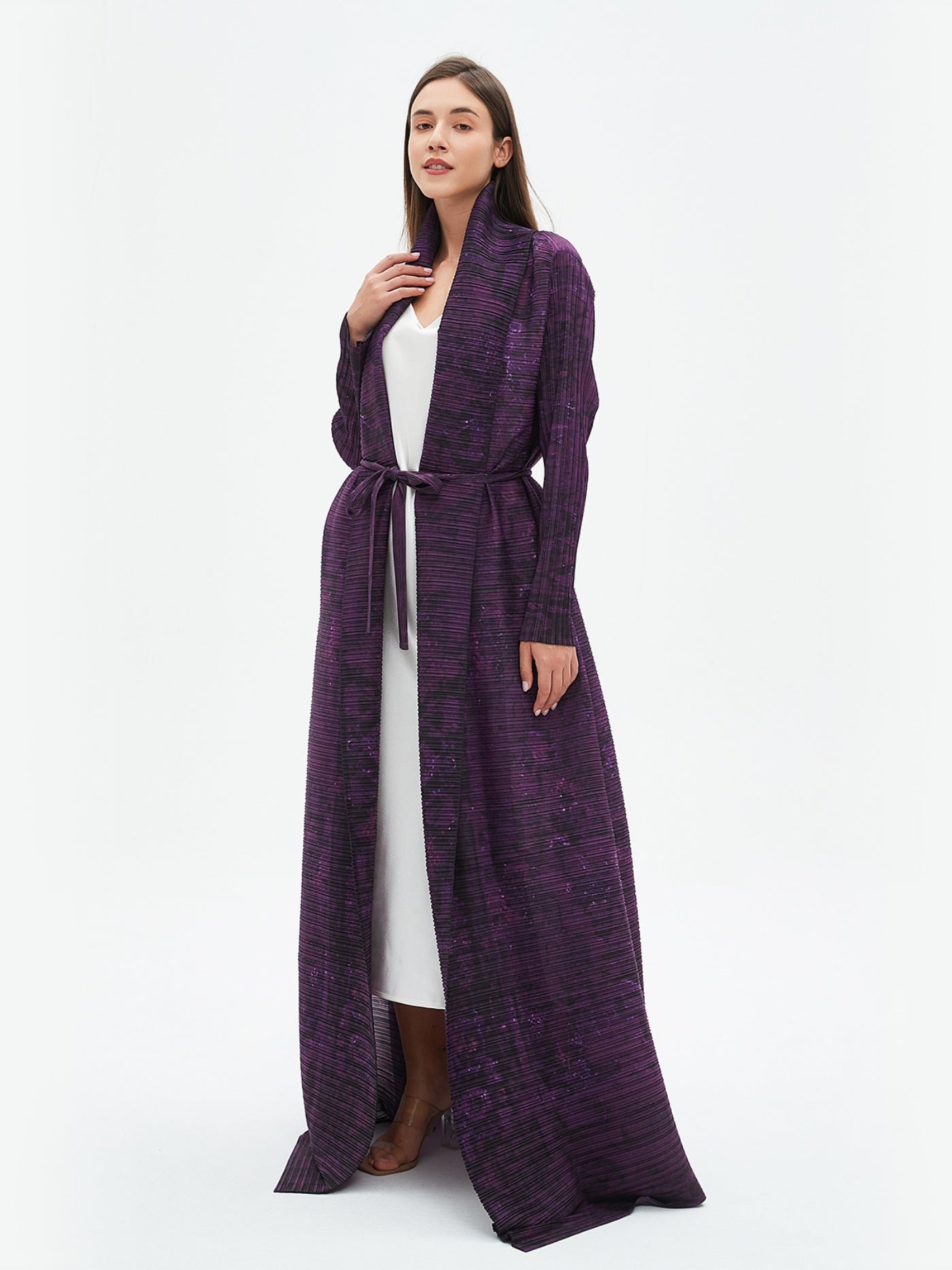 Elegant Long Robe for Eid al-Fitr - Women'S Stylish Geometric Print Maxi Abaya with Tie Waist, Lightweight Polyester, Perfect for Spring, Summer & Fall, Middle Eastern Fashion, Long Sleeve