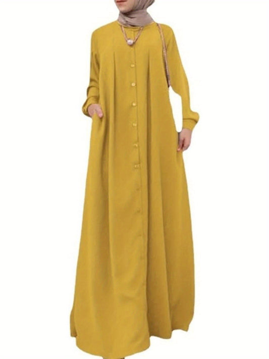 Women's Muslim Jilbaab Dress - Long Sleeve Loose Fit Maxi Abaya with Open Front, Islamic Modest Wear Saudi Style Robe, Vibrant Yellow & Solid Color Options, Machine Washable Winter Dress for Hajj, Umrah, Daily Prayer