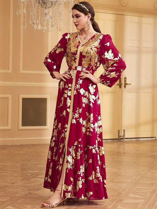 1pc Elegant Embroidered Long Sleeve Modern Abaya with Golden Accents, Polyester 100%, Regular Fit, All-Season Floral Print with Slit Hem and Waist Belt