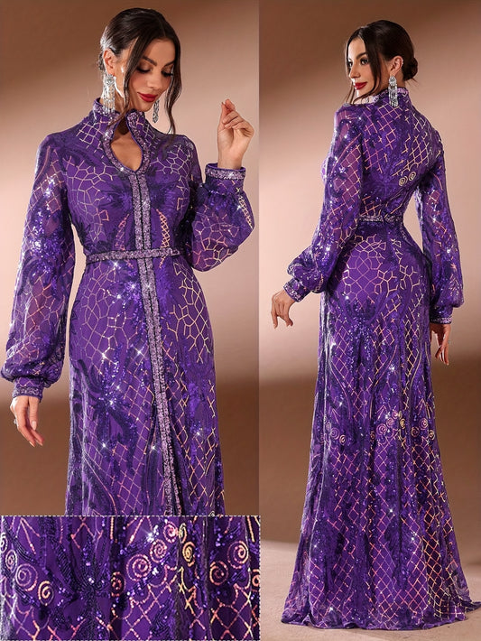 Elegant Women's Long Arabian Abaya Gown - V-Neck with Sequin Detail, Long Sleeves, High-Low Hem, Zipper Closure, Perfect for Formal Events, Birthdays, and Banquets, Banquet Attire, Striped Texture, Intricate Design